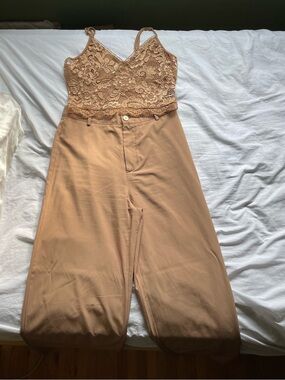 SHEIN Lace Bodice Wide-Leg Jumpsuit in Camel Tan
